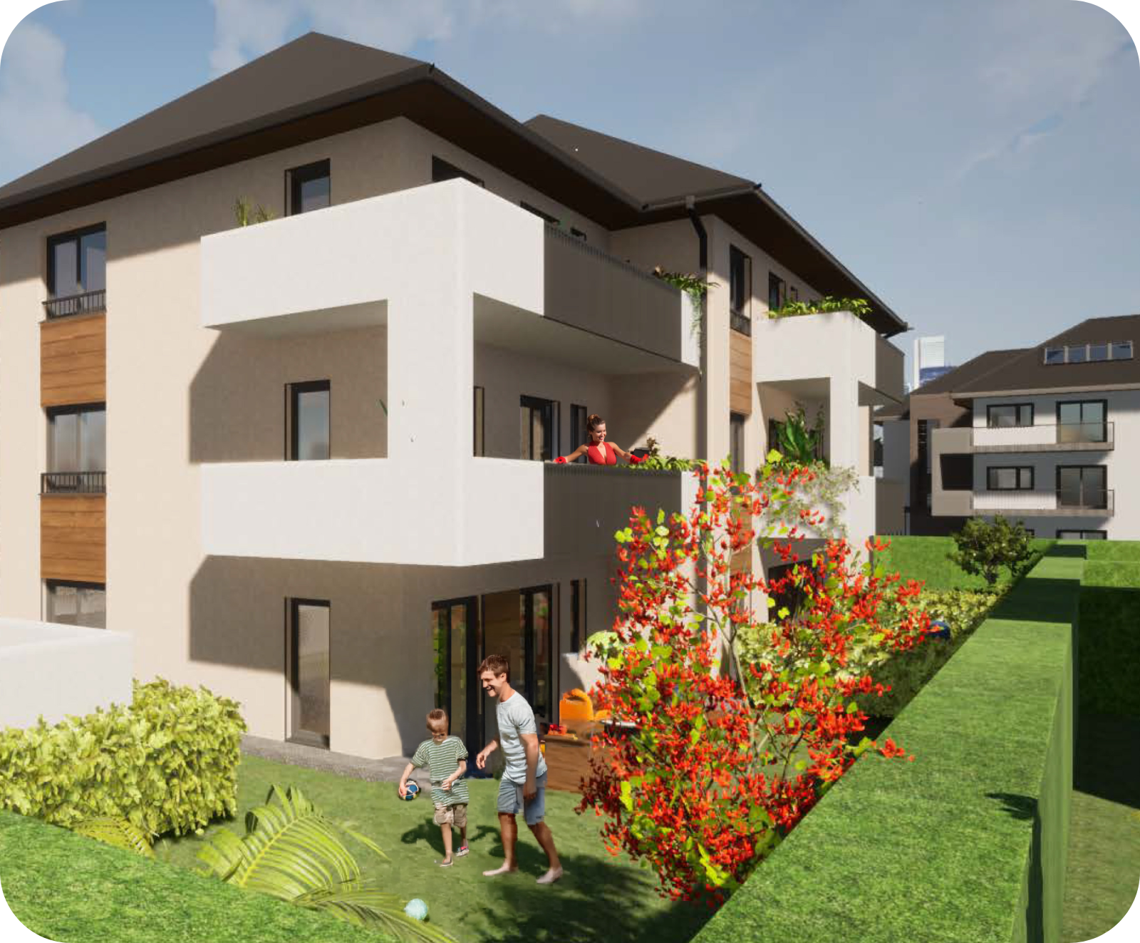 Modern lakóépület erkéllyel, egy piros ruhás nő az erkélyen, és egy férfi, aki egy gyerekkel játszik a gyepen, zöld növényzettel és piros virágzó bokrokkal körülvéve.
