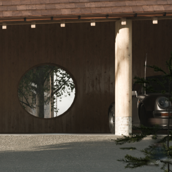Row of old European-style houses with shuttered windows, a cyclist passing in front, a woman crouching next to a dog, and birds flying above.