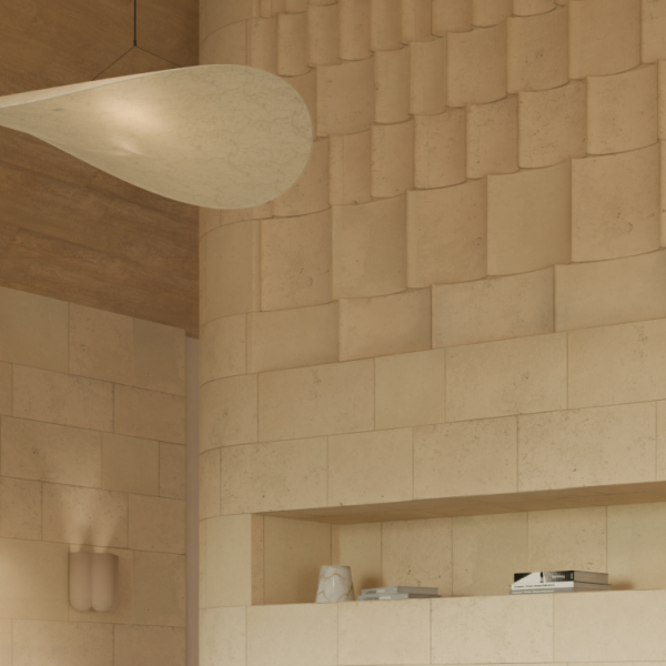 Modern living room with high wooden ceiling, unique stone fireplace, three pendant lights, and woman standing near glass door.