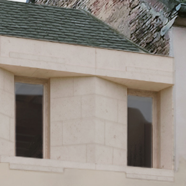 Row of old European-style houses with shuttered windows, a cyclist passing in front, a woman crouching next to a dog, and birds flying above.