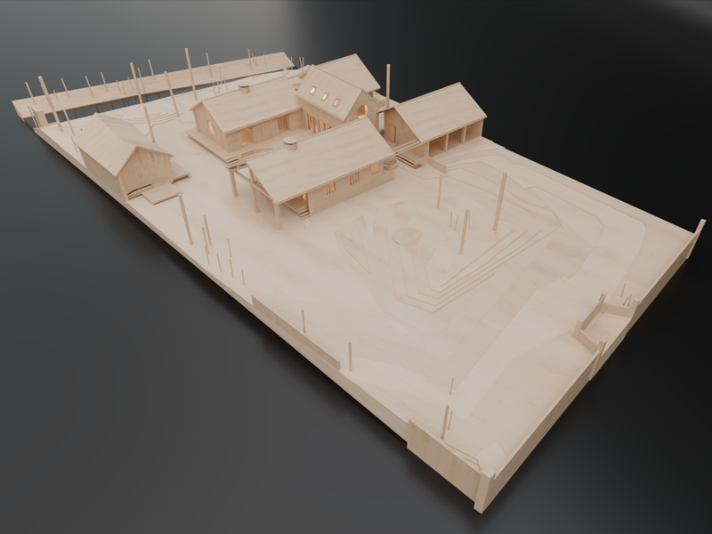 Person in jeans and brown shoes walking away on a polished concrete floor next to a beige sofa and a white wall with a recessed shelf holding a round black vase and a green plant.