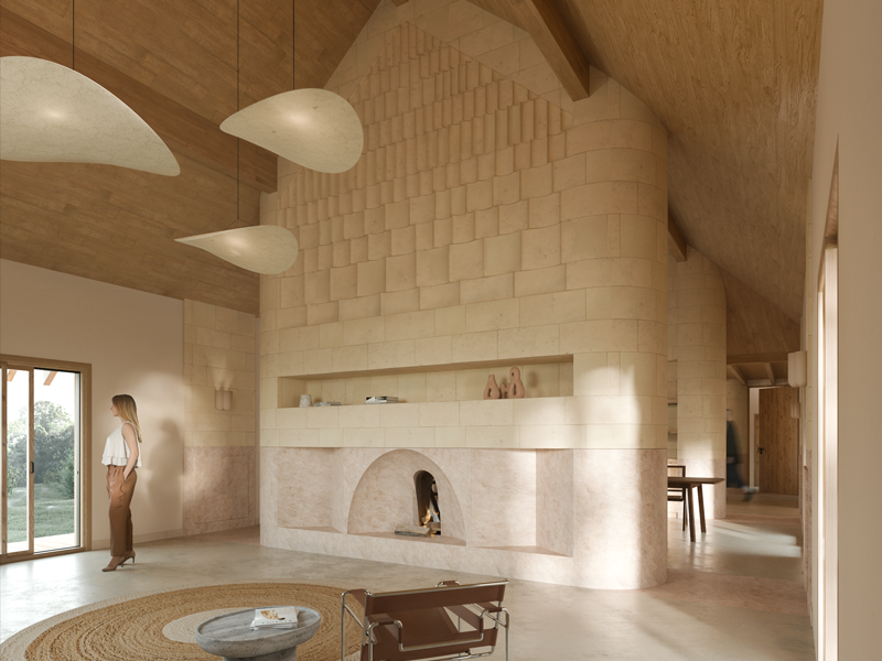 Modern open kitchen and dining area with a wooden interior, oval marble dining table, wooden stools, and large window showing outdoor trees.