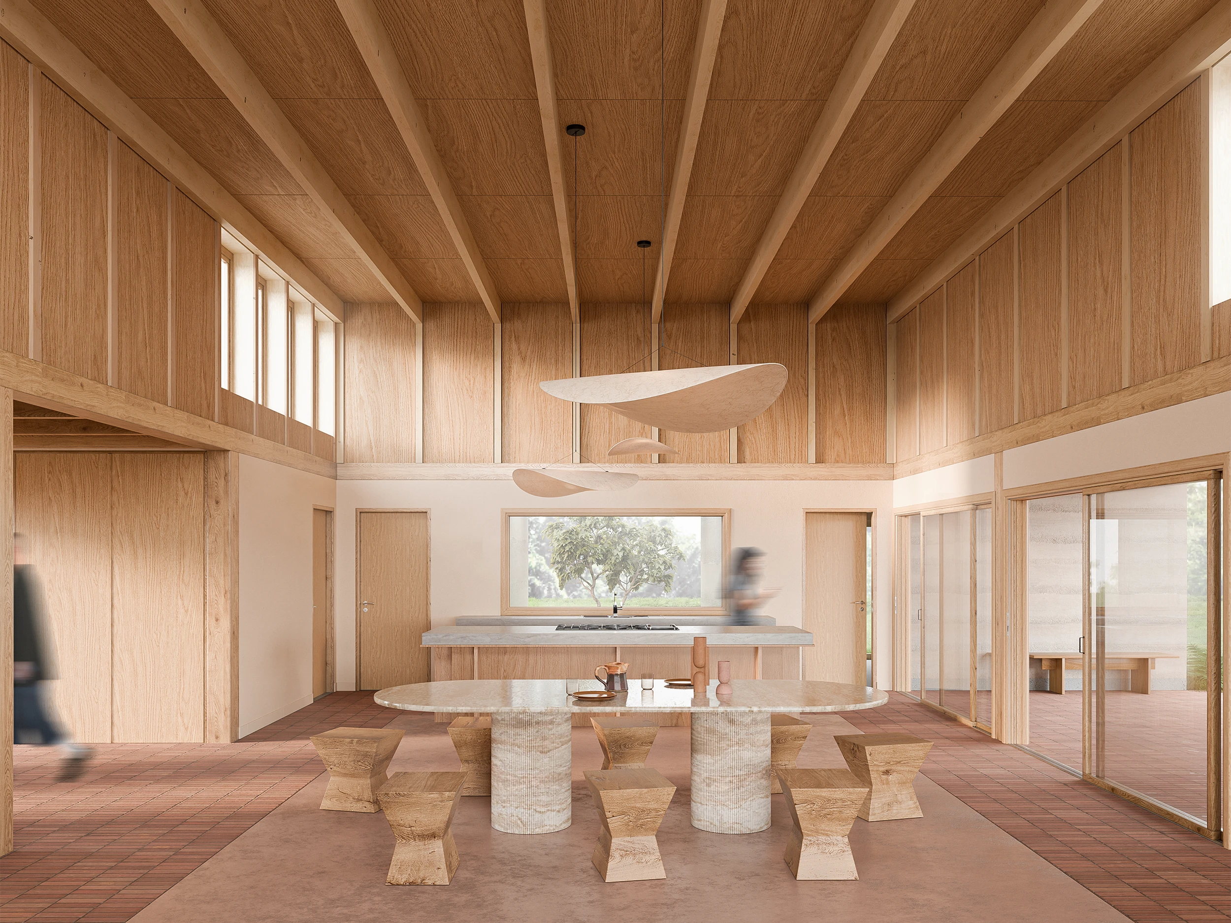 Modern open kitchen and dining area with a wooden interior, oval marble dining table, wooden stools, and large window showing outdoor trees.