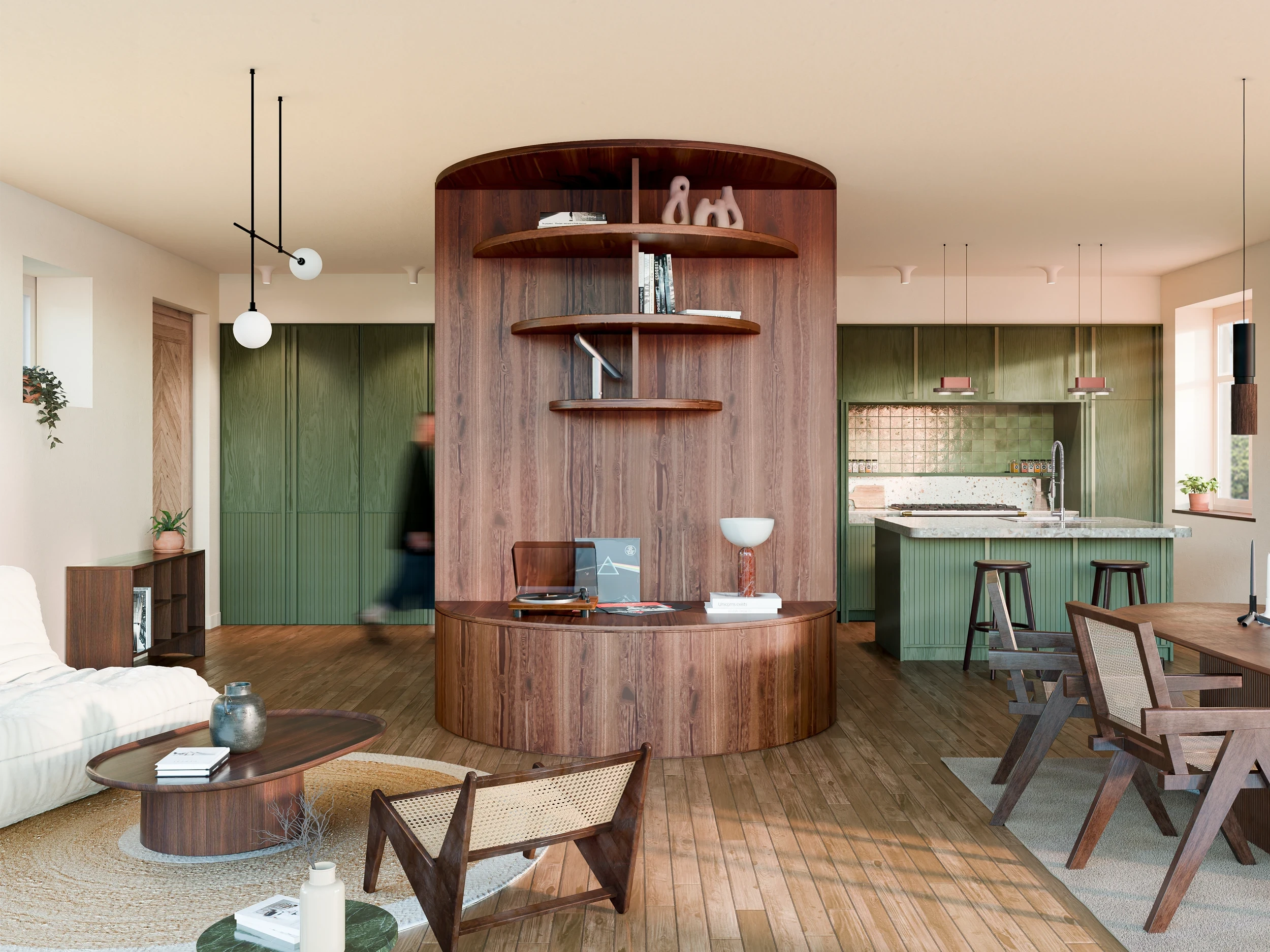 Modern open kitchen and dining area with a wooden interior, oval marble dining table, wooden stools, and large window showing outdoor trees.
