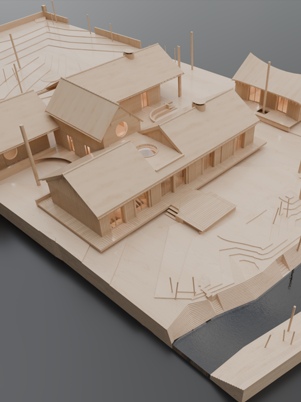 Wooden architectural model of a complex with several buildings, terraces, and a stream running alongside.