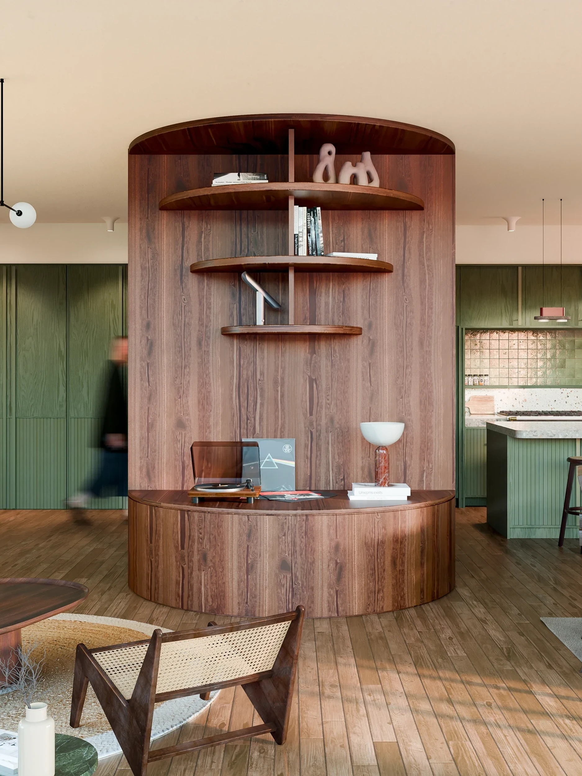 Modern living space with curved wooden shelving unit, vintage record player, and rattan chair on wooden floor.