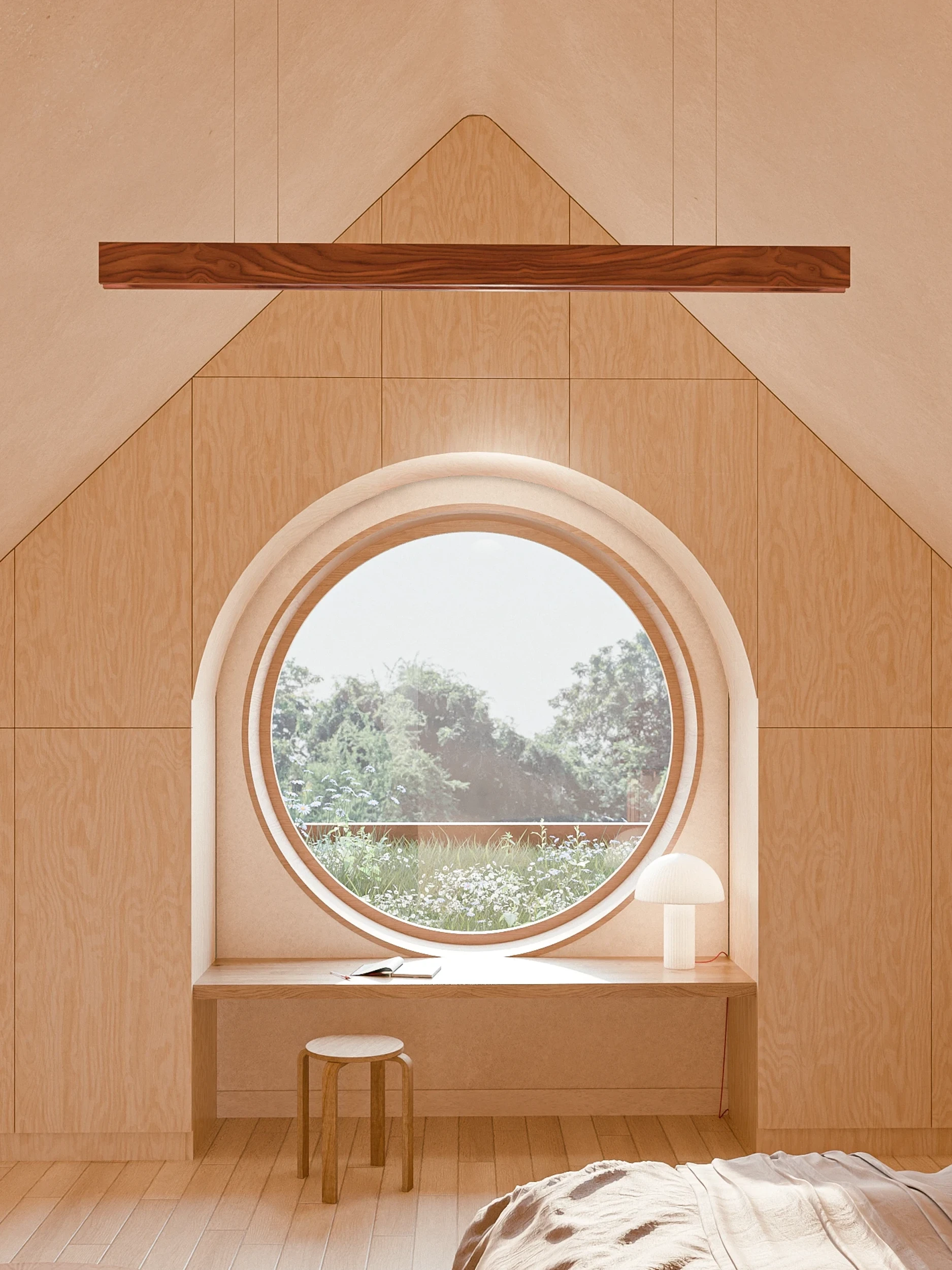 Minimalist attic room with circular window showing greenery outside, a wooden desk with a stool, a book, and a small lamp.