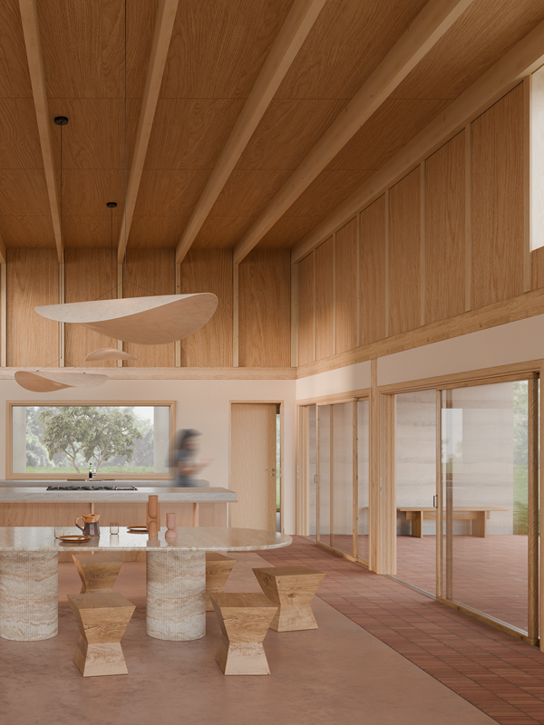 Modern dining area with wooden stools, a round table, and large sliding glass doors in a wood-paneled room with exposed ceiling beams.