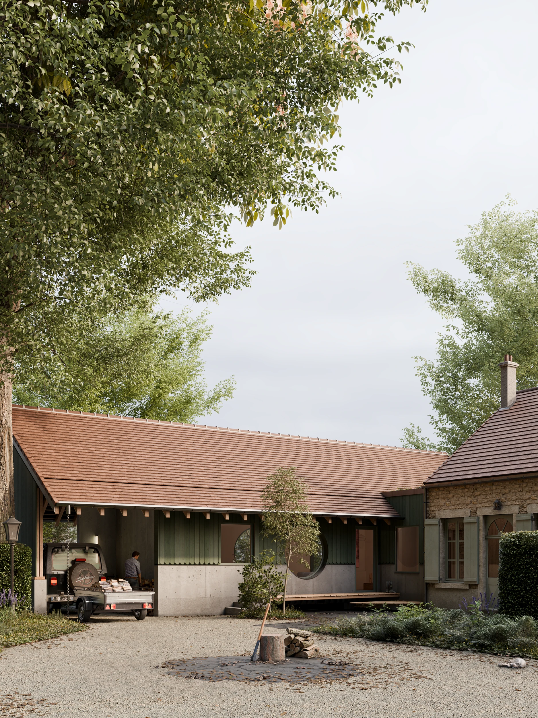 Modern rustic house with a red-tiled roof, a small truck parked in the driveway, and a gravel courtyard with a fire pit surrounded by greenery and trees.