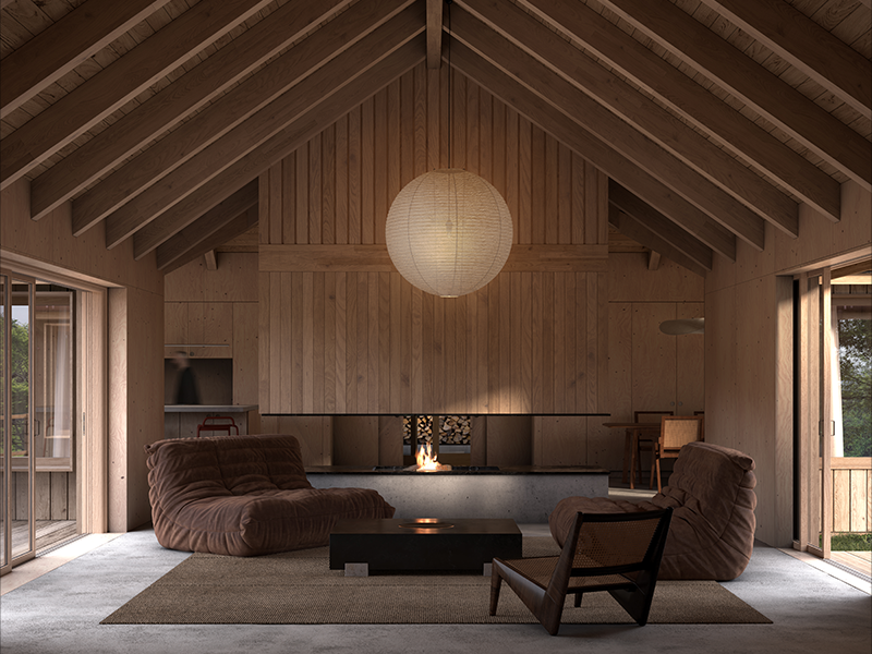 Modern open kitchen and dining area with a wooden interior, oval marble dining table, wooden stools, and large window showing outdoor trees.