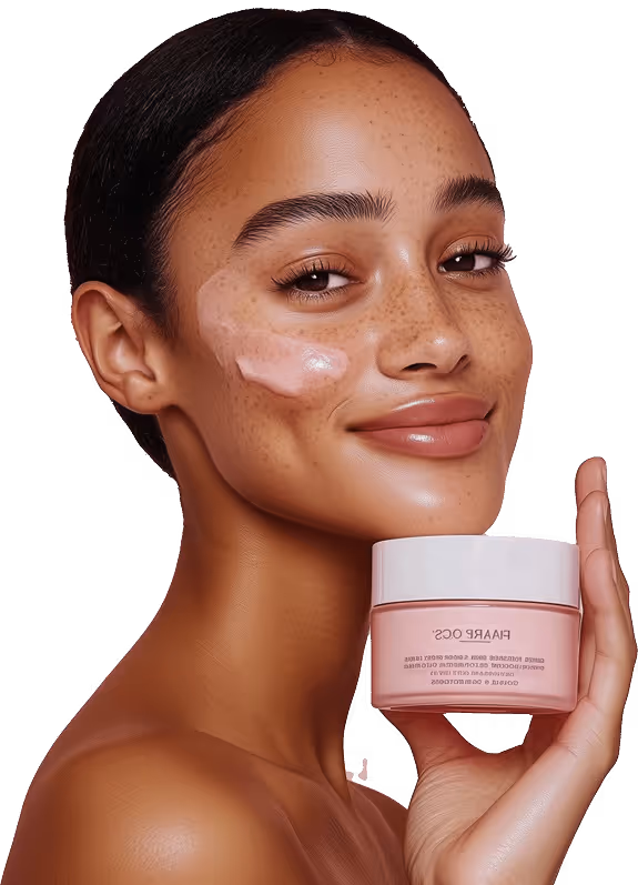 Smiling woman with clear skin and freckles applying pink cream on her cheek, holding a pink jar of FLAAR OPS face cream.