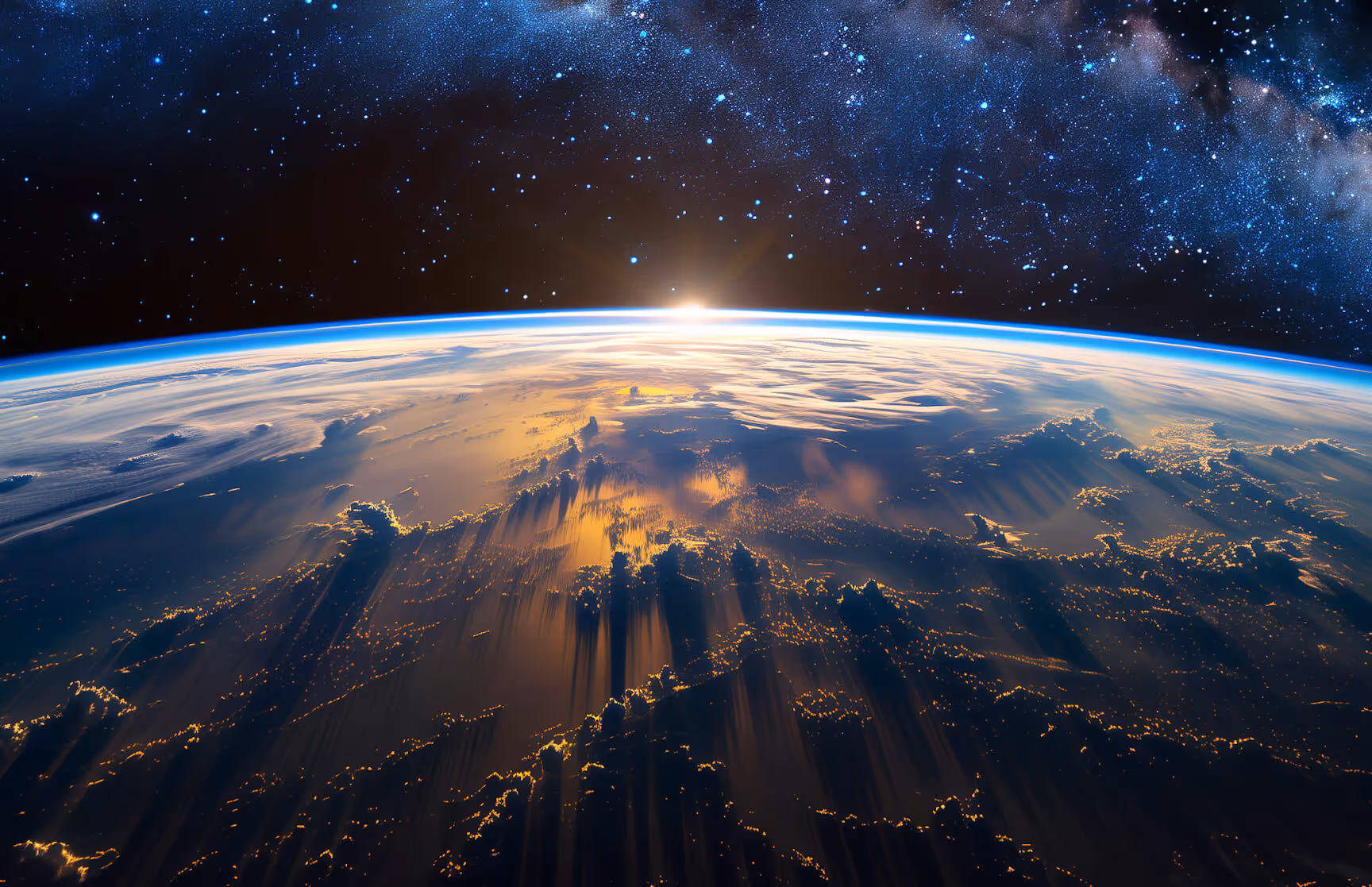 Sunrise casting long shadows over Earth's clouds with a star-filled Milky Way galaxy in space above.