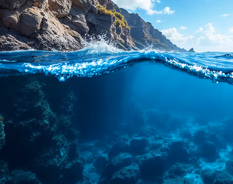Split view of rocky coastline with waves above and underwater rocks below clear blue water.