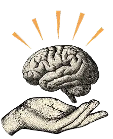 Illustration einer Hand, die ein Gehirn hält – Sinnbild für Bewusstsein, Erkenntnis und mentale Stärke im Anatomie Coaching.