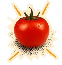 Grafische Illustration einer roten Tomate mit gelben Strahlen – dekoratives Symbol für Frische, Genuss und gesunde Ernährung bei Anatomie.