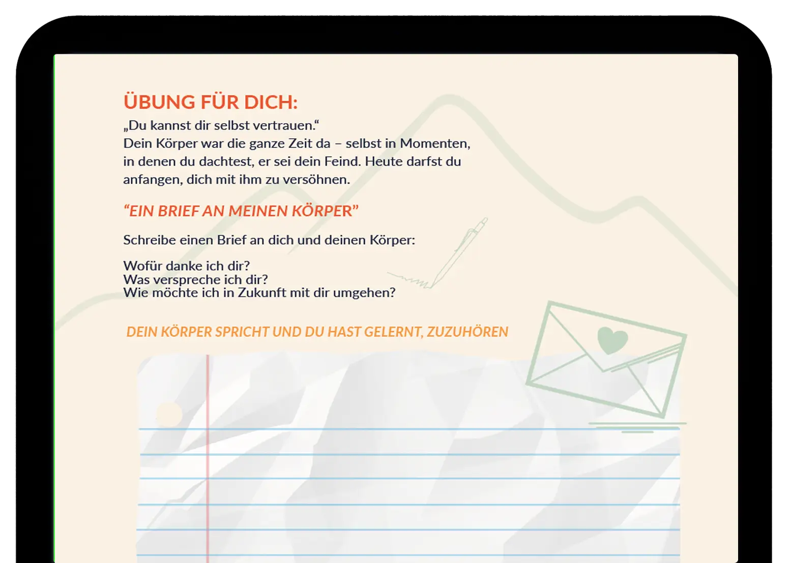 Seite aus dem Anatomie Praxis-Workbook mit Schreibübung ‚Ein Brief an meinen Körper‘ – Teil des 4-Wochen-Plans für mehr Selbstverständnis.