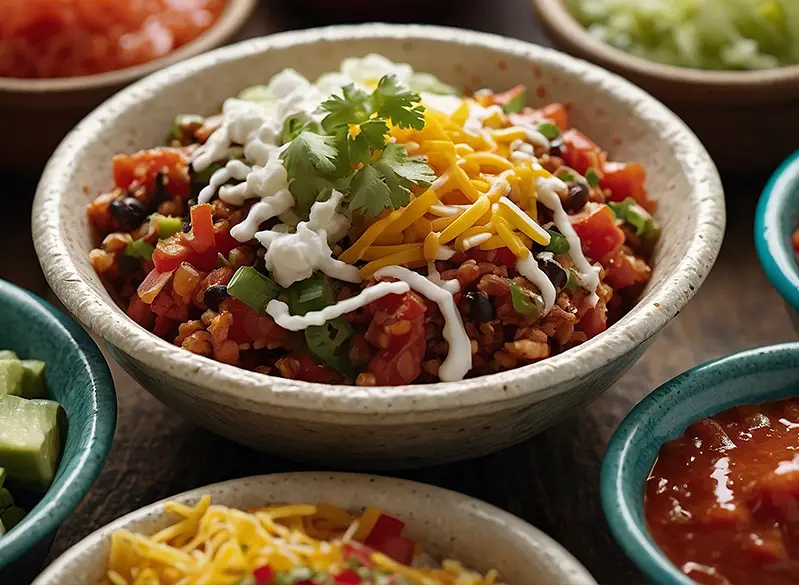 Vegane Burrito-Bowl mit Reis, Bohnen, Tomaten, frischem Gemüse, Käse und Joghurt-Topping – ein gesundes Rezept aus dem Anatomie Journal.