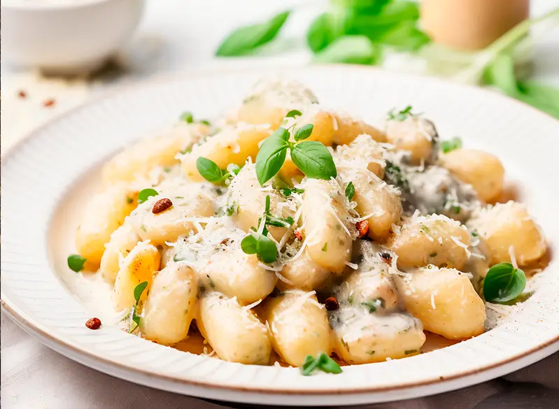 Gnocchi in cremiger Pilzsoße mit Parmesan und frischem Basilikum – herzhaftes Rezept aus dem Anatomie Journal.