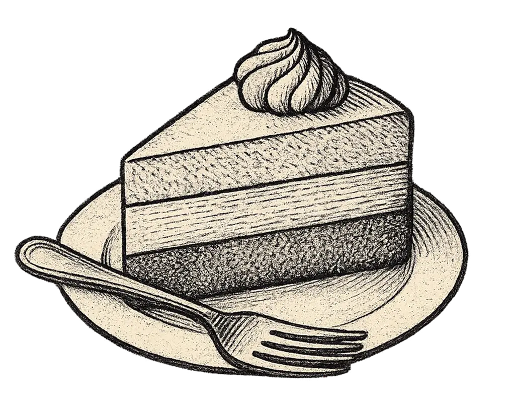 Vintage-Zeichnung eines Tortenstücks mit Gabel – steht sinnbildlich für emotionale Essmuster und Genussverhalten.