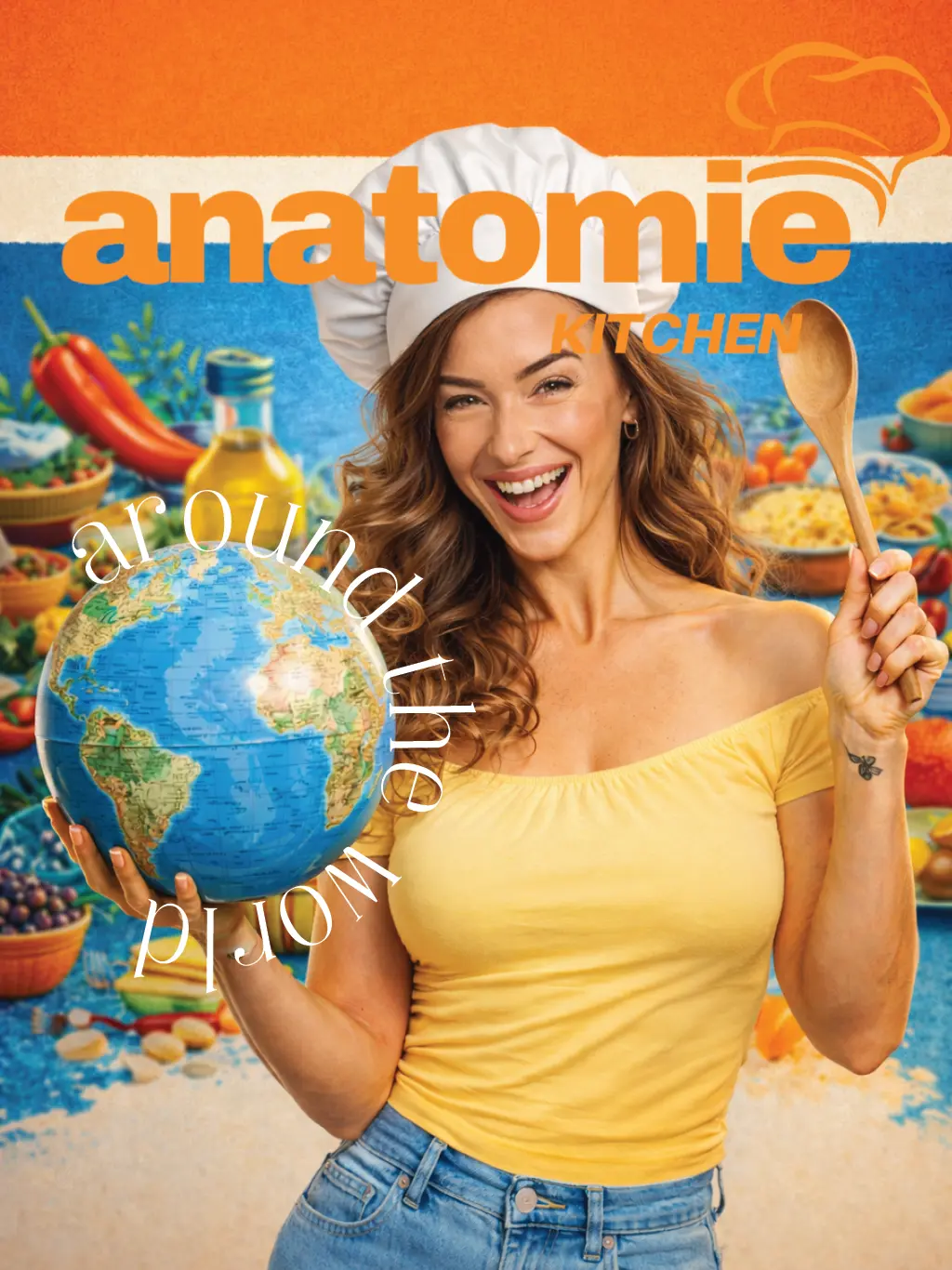 Anna von Anatomie Coaching mit Kochlöffel und Globus als Symbol für internationale Küche – Anatomie Kitchen Around the World Coverbild