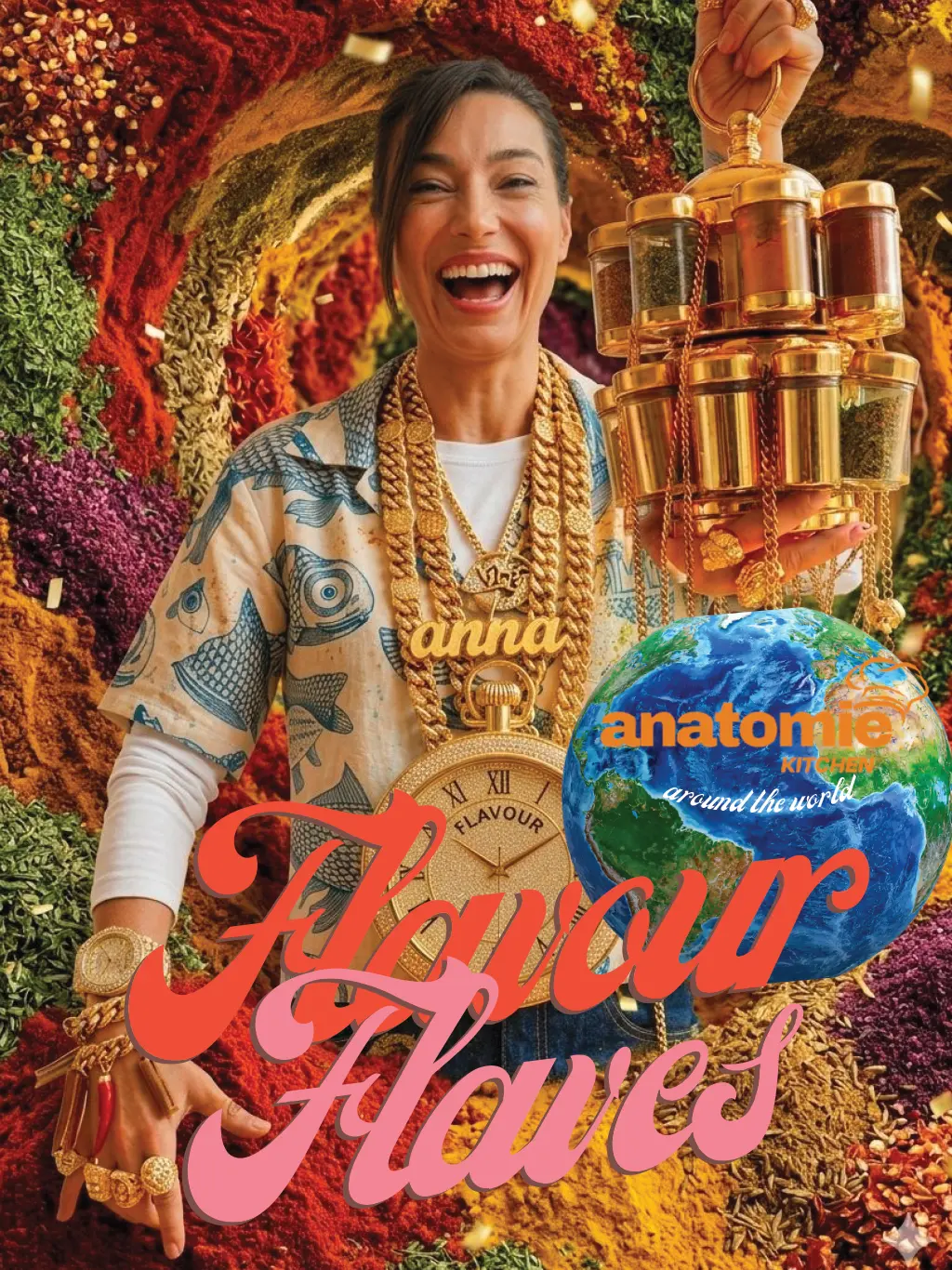Anna mit Gewürzen und Schmuck vor farbenfrohem Hintergrund, Symbol für globale Küche – Anatomie Kitchen Around the World Flavour Flaves Cover