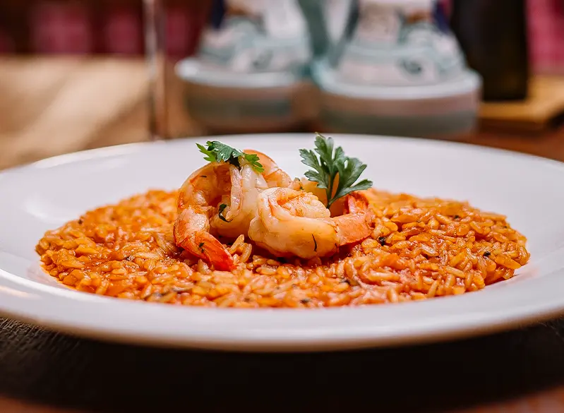 Mediterranes Reisgericht mit Garnelen und frischen Kräutern auf weißem Teller – Anatomie Kitchen Around the World Rezept