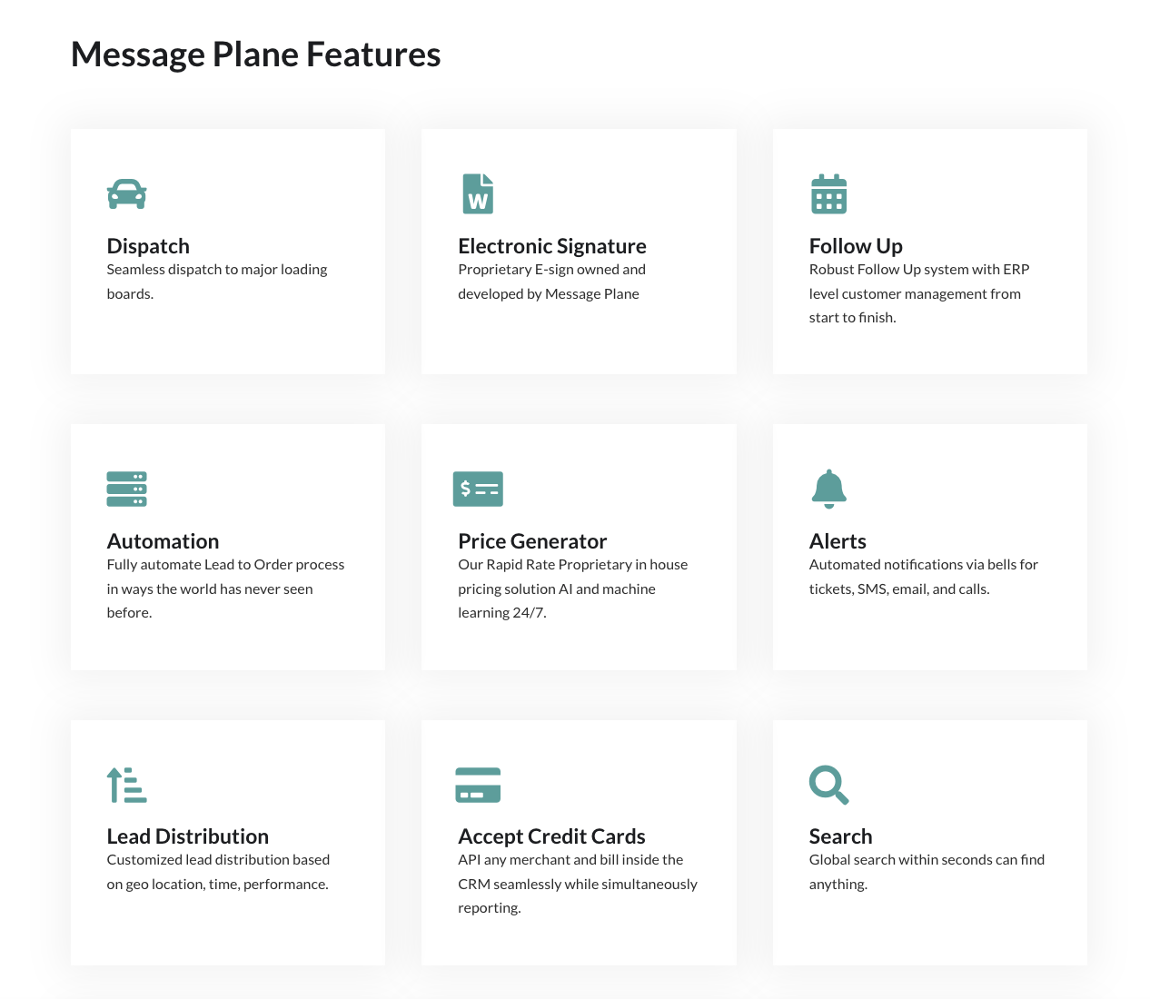 Software feature grid displaying nine business management capabilities - Message Plane CRM