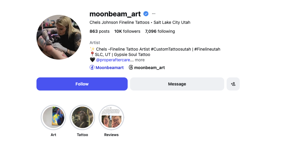 Instagram profile page for tattoo artist business account - Moon Beam Chels, Salt Lake City, UT