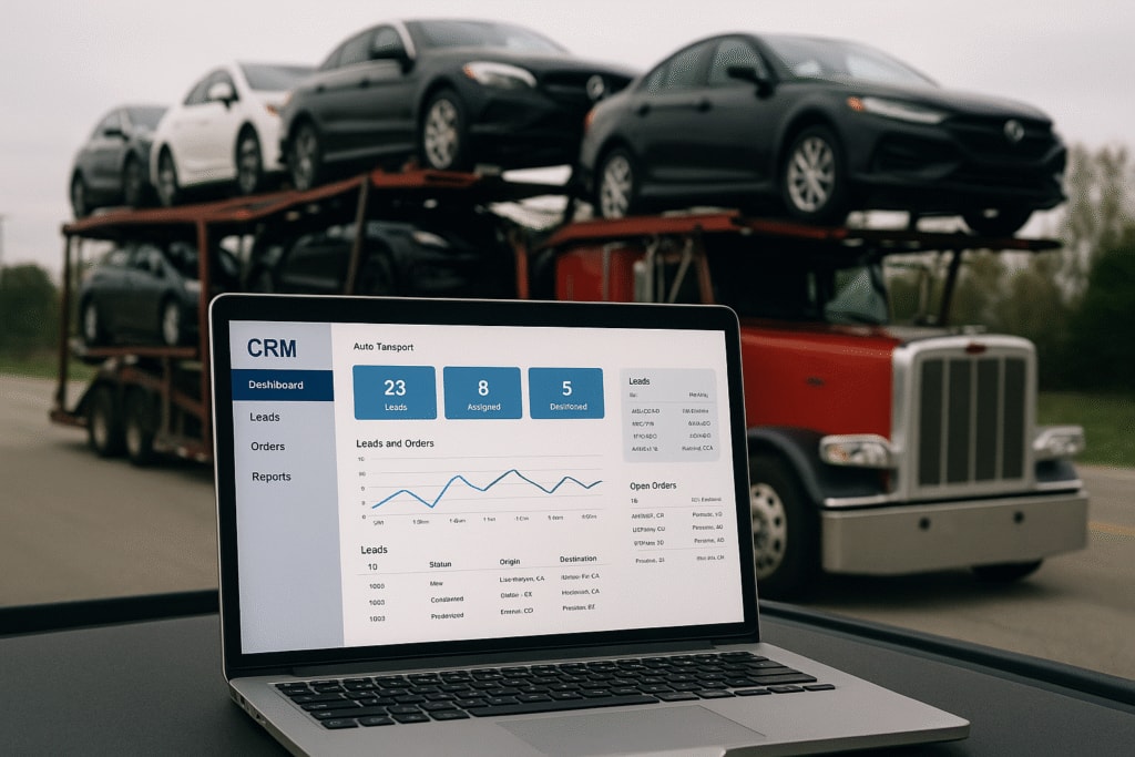 Laptop displaying CRM dashboard in front of car transport truck - Message Plane CRM