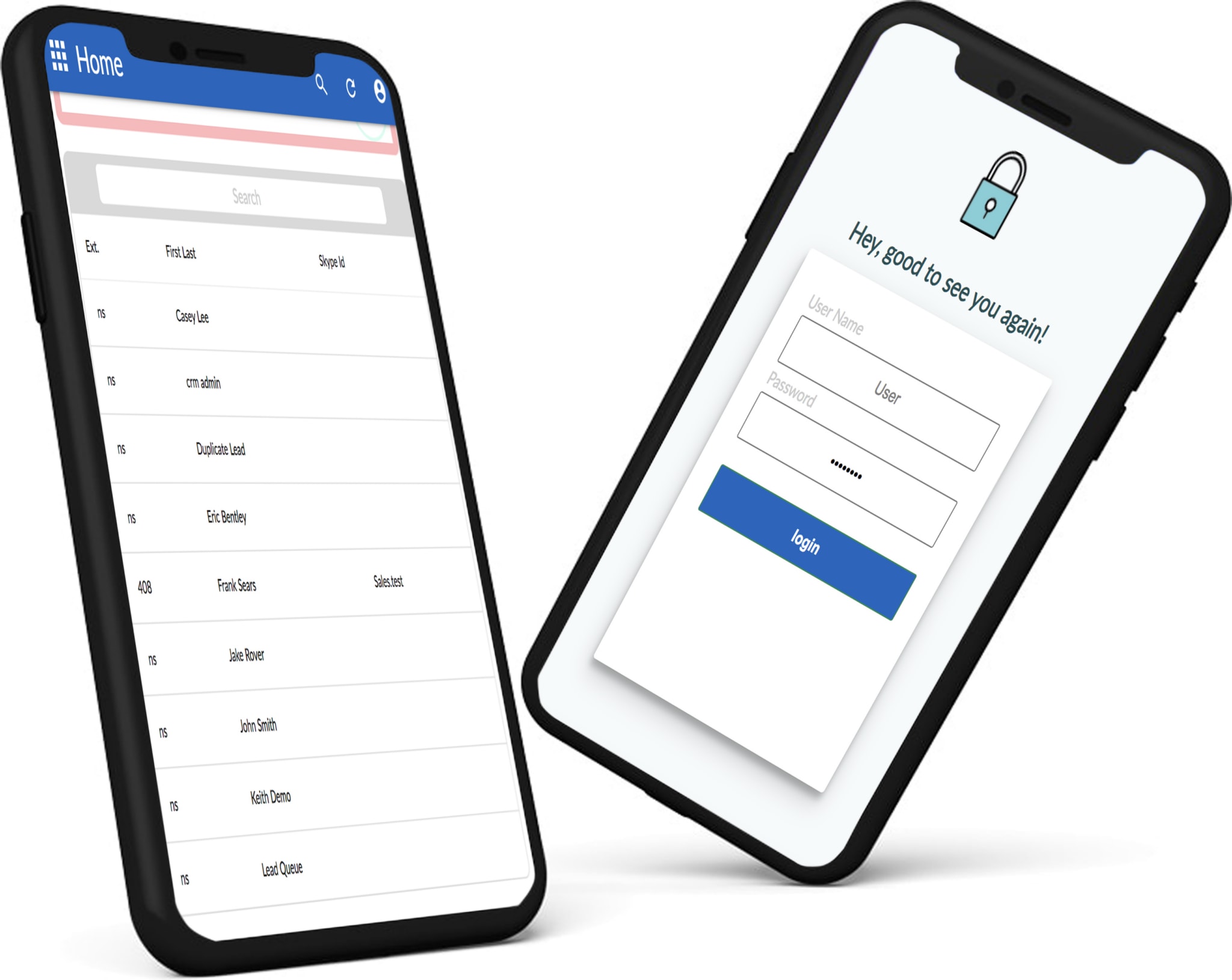 Message Plane CRM: Two smartphones displaying login screen and user list interface