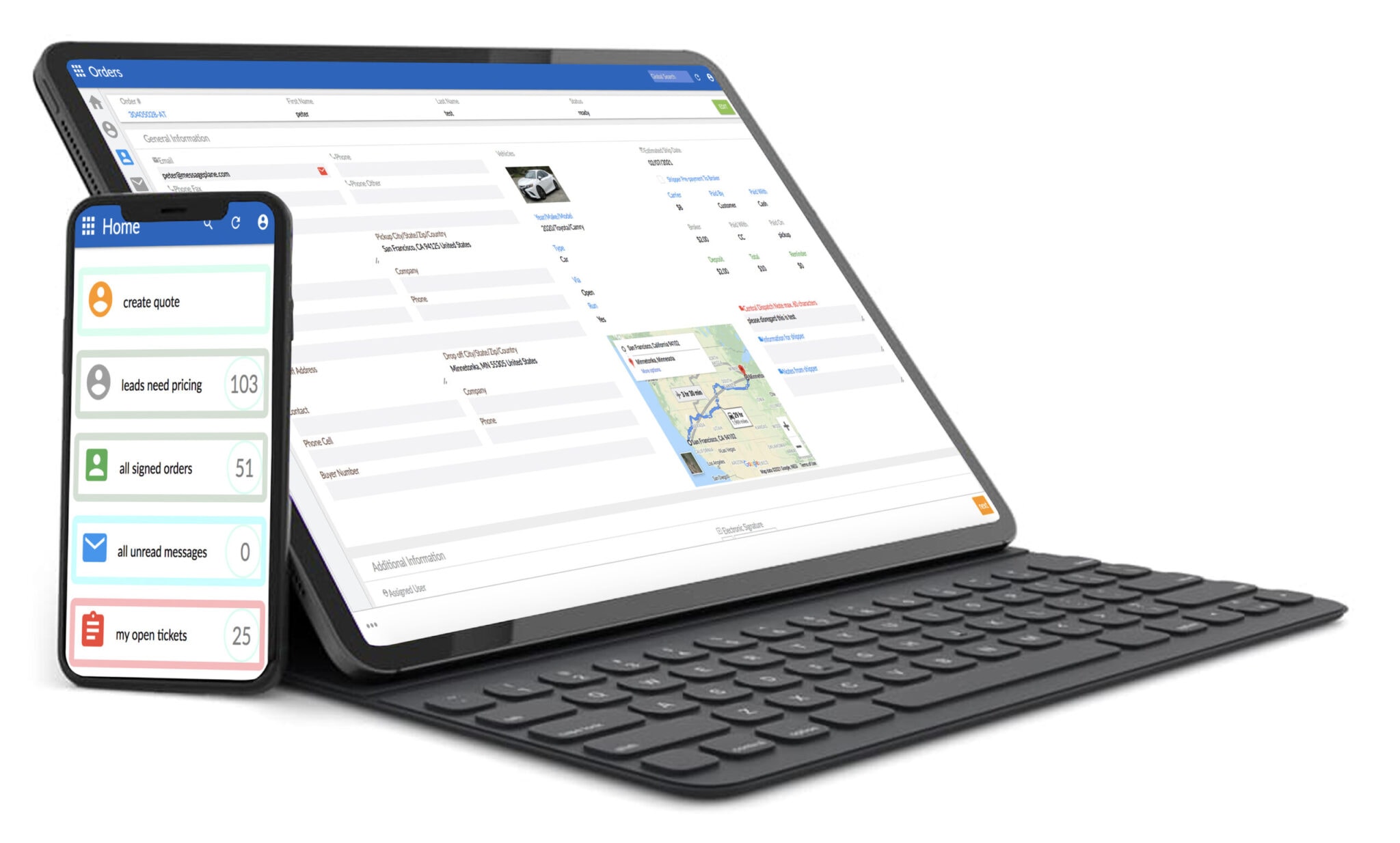 Message Plane CRM Tablet and smartphone displaying business management dashboard interface