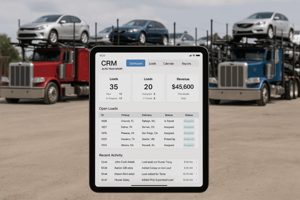 Message Plane CRM Tablet displaying auto transport logistics dashboard outdoors