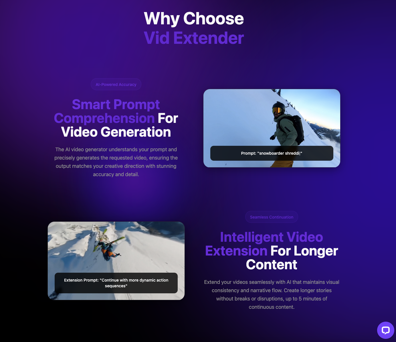 Marketing webpage for AI video generation software - Vid Extender