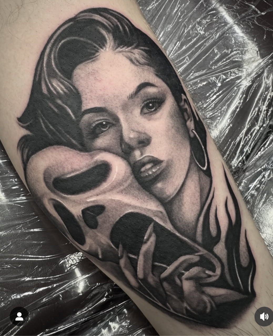 Fresh black and gray portrait tattoo on person's leg - Kevzink - Kevin Begay Tattoo Artist, Salt Lake City, UT