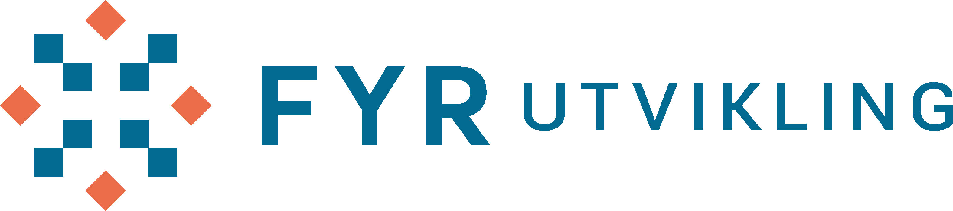 FYR Utvikling-logo med blå og oransje firkanter i et mønster ved siden av teksten.