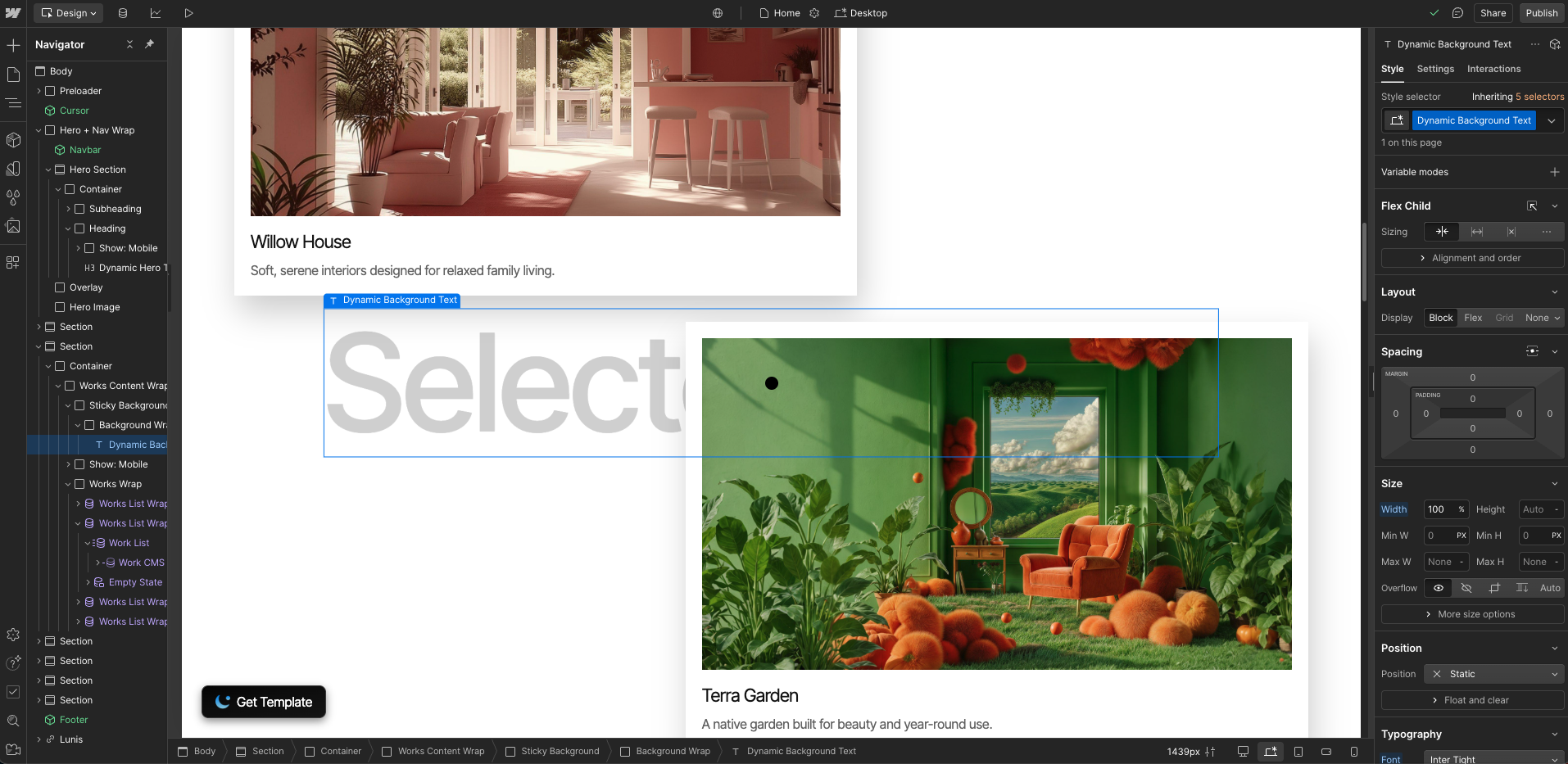 Interior scene of a green room with lush plants, an orange armchair, fluffy orange decor, a small vanity with a mirror, and a window showing a scenic view of hills and clouds.