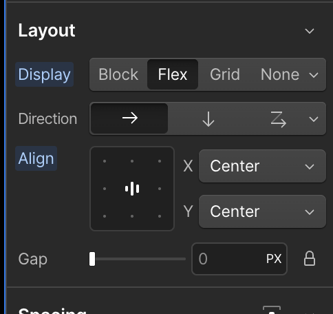 UI panel showing layout settings with Display set to Flex, Direction set to right arrow, Align center on both X and Y axes, and Gap set to 0 pixels.