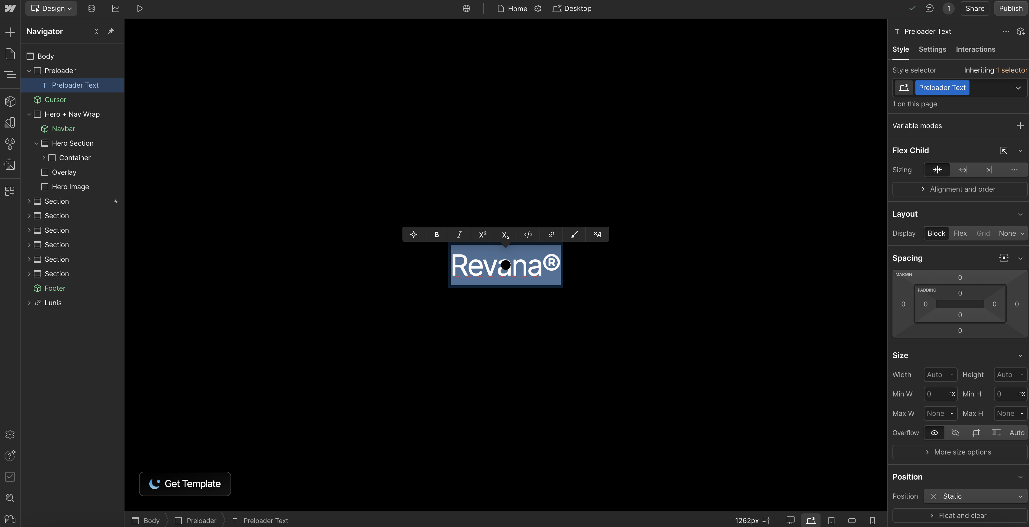 Web design interface showing the 'Preloader Text' element with the highlighted text 'Revana®'.
