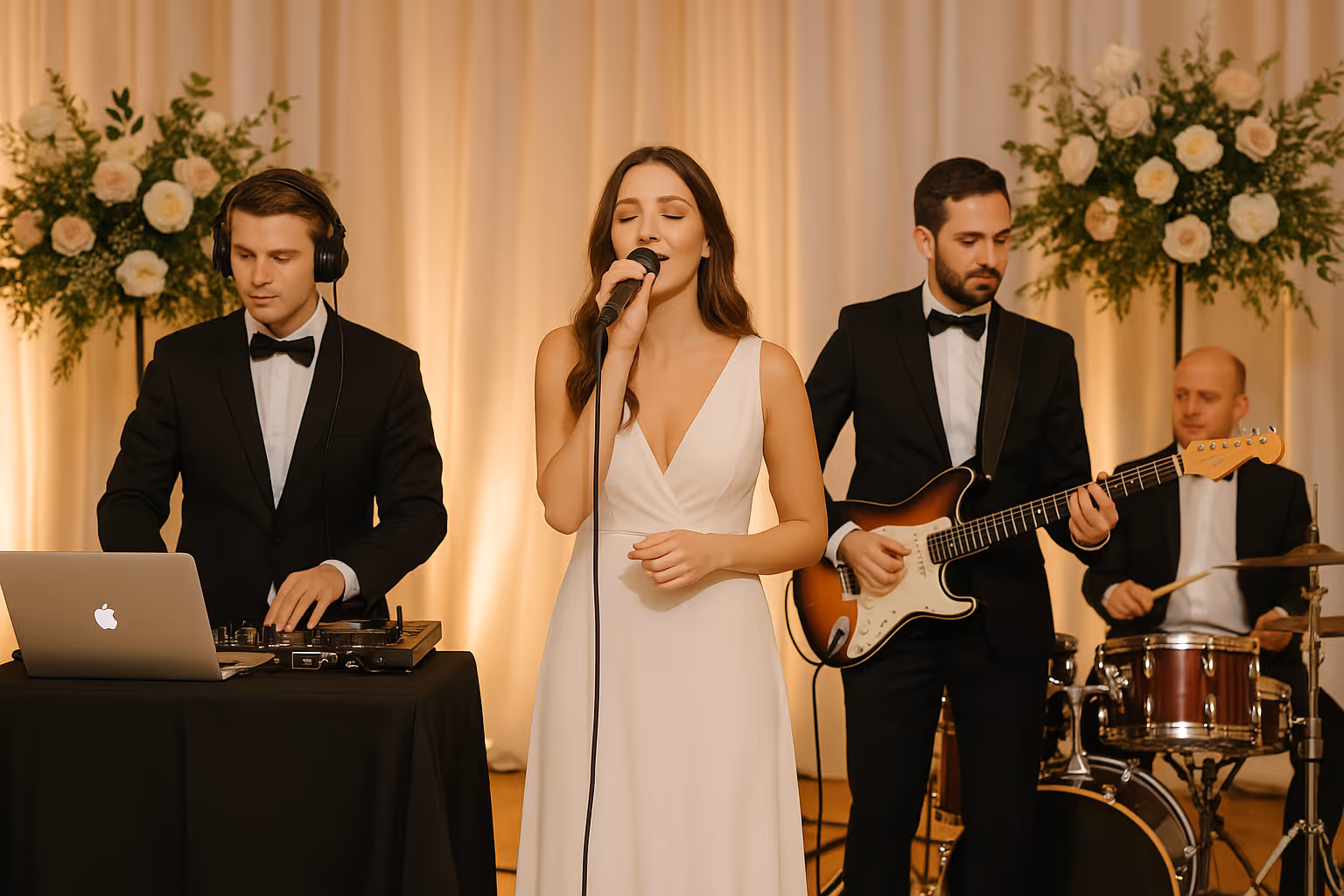 Four musicians in formal attire performing indoors with a female singer in a white dress, a DJ, a guitarist, and a drummer.