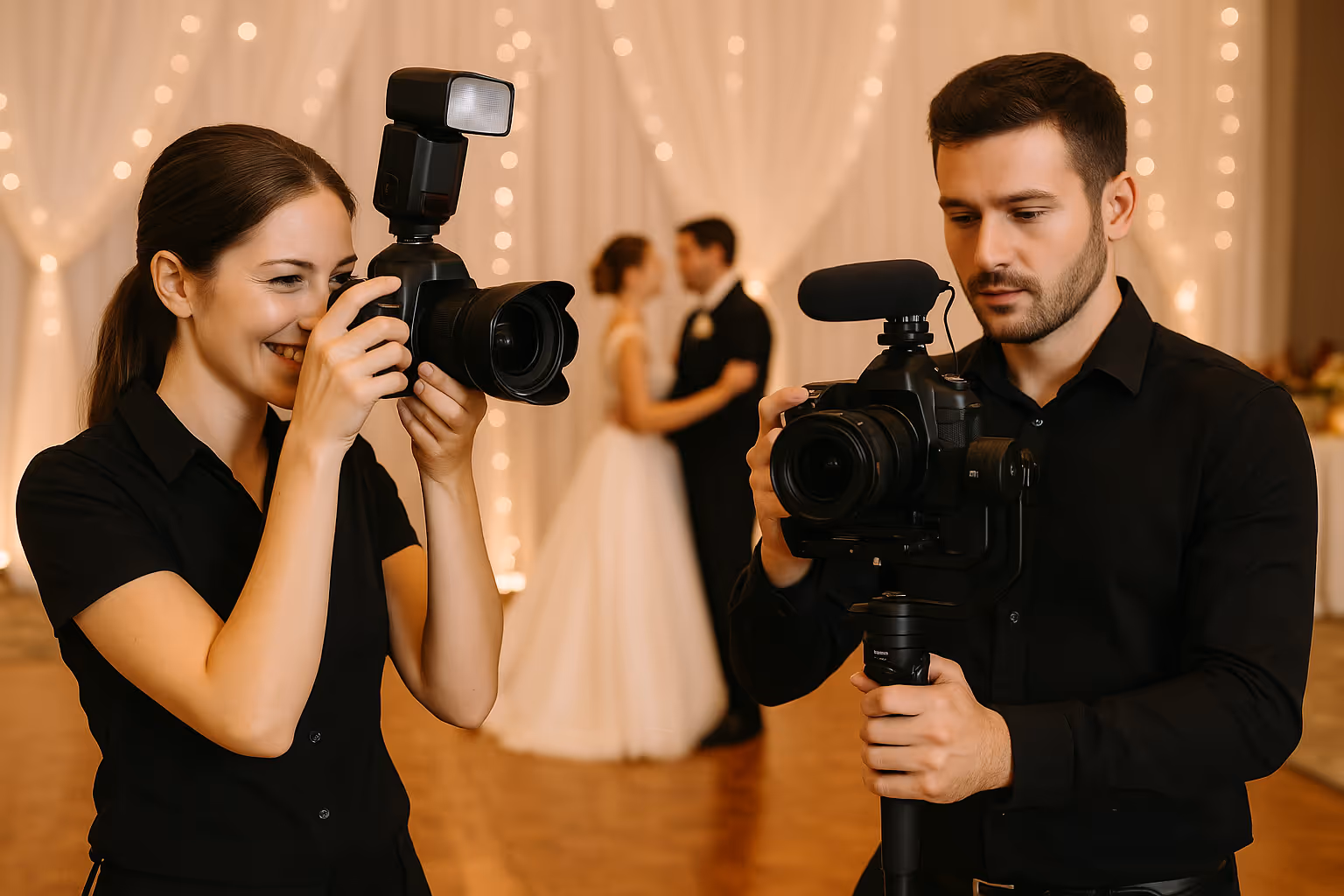 Two photographers capturing a bride and groom dancing at a wedding reception with string lights in the background.