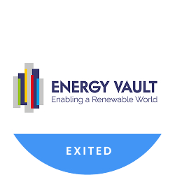Energy Vault logo with colored vertical bars and the tagline 'Enabling a Renewable World' above a blue section with the word 'EXITED'.
