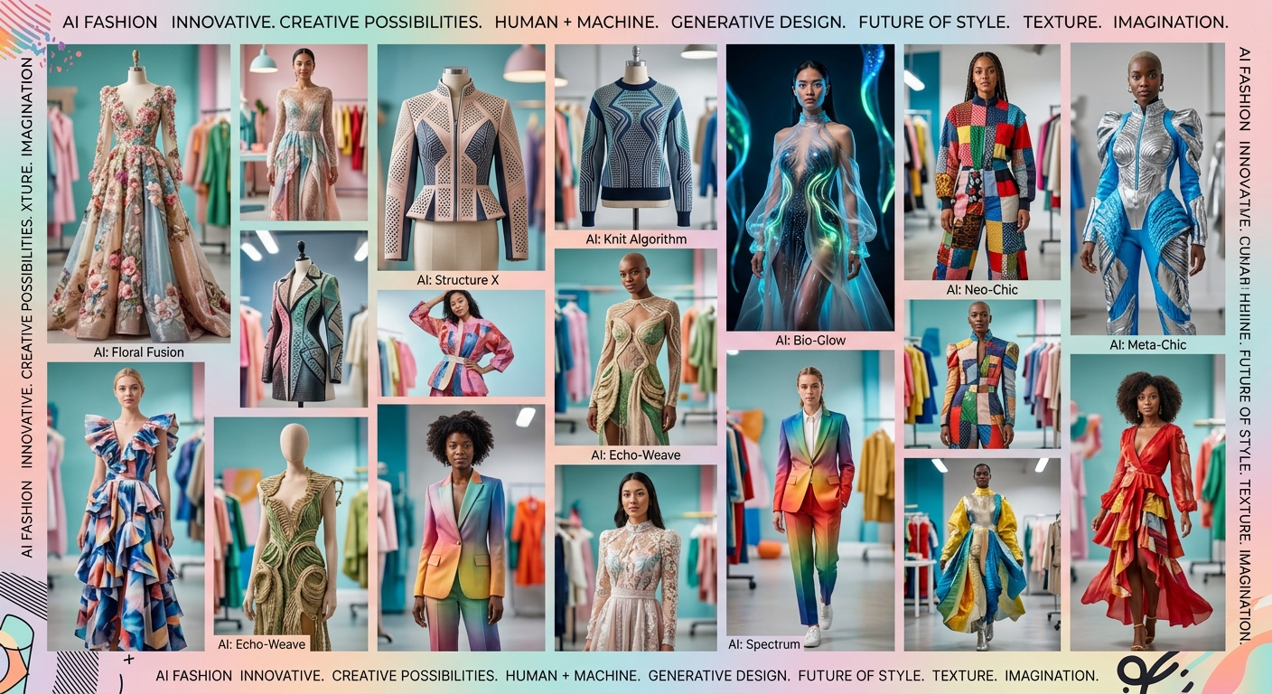 Collage of AI-generated fashion designs showcasing multiple variations