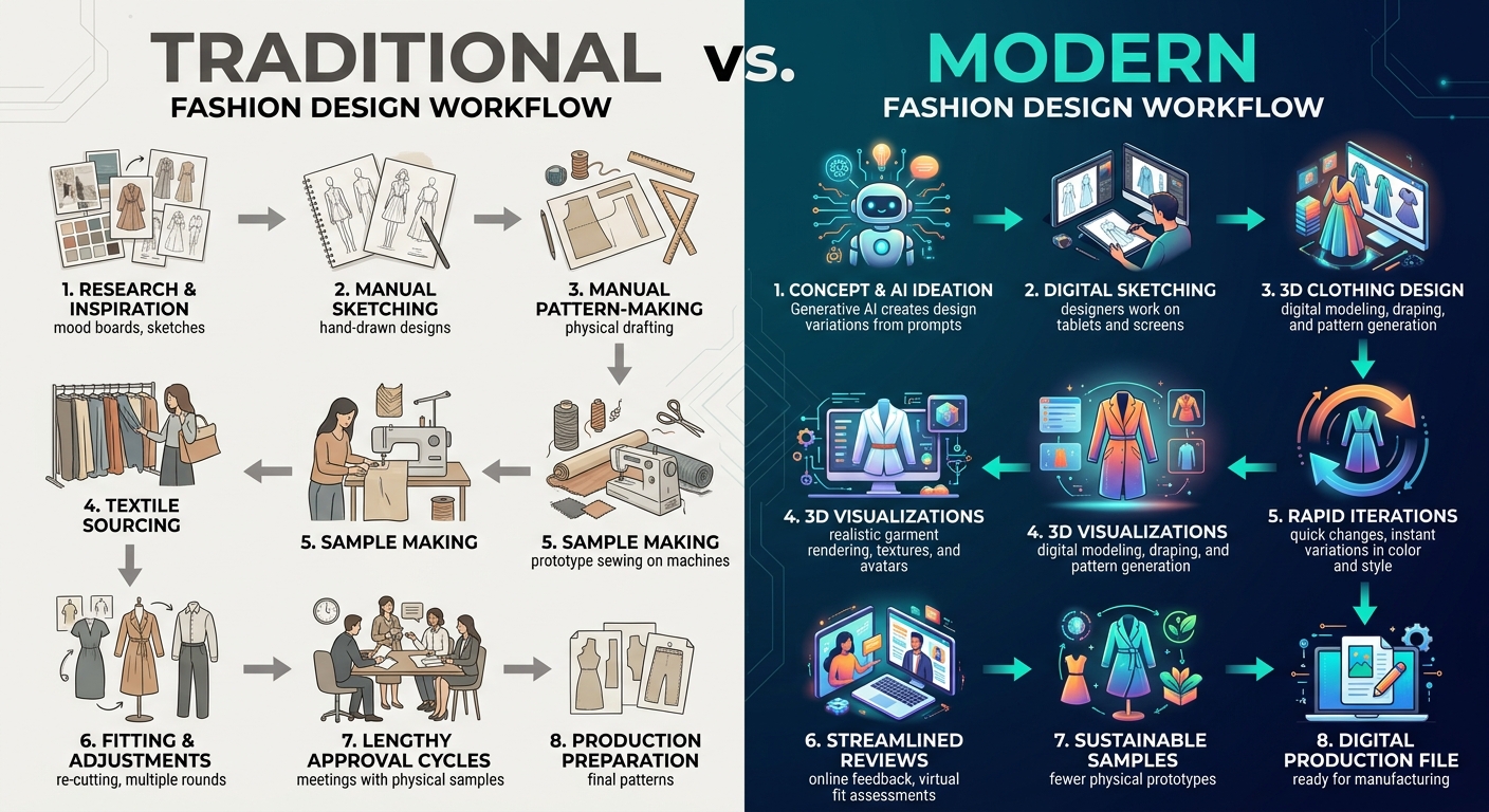 Infographic comparing traditional and digital fashion design workflows