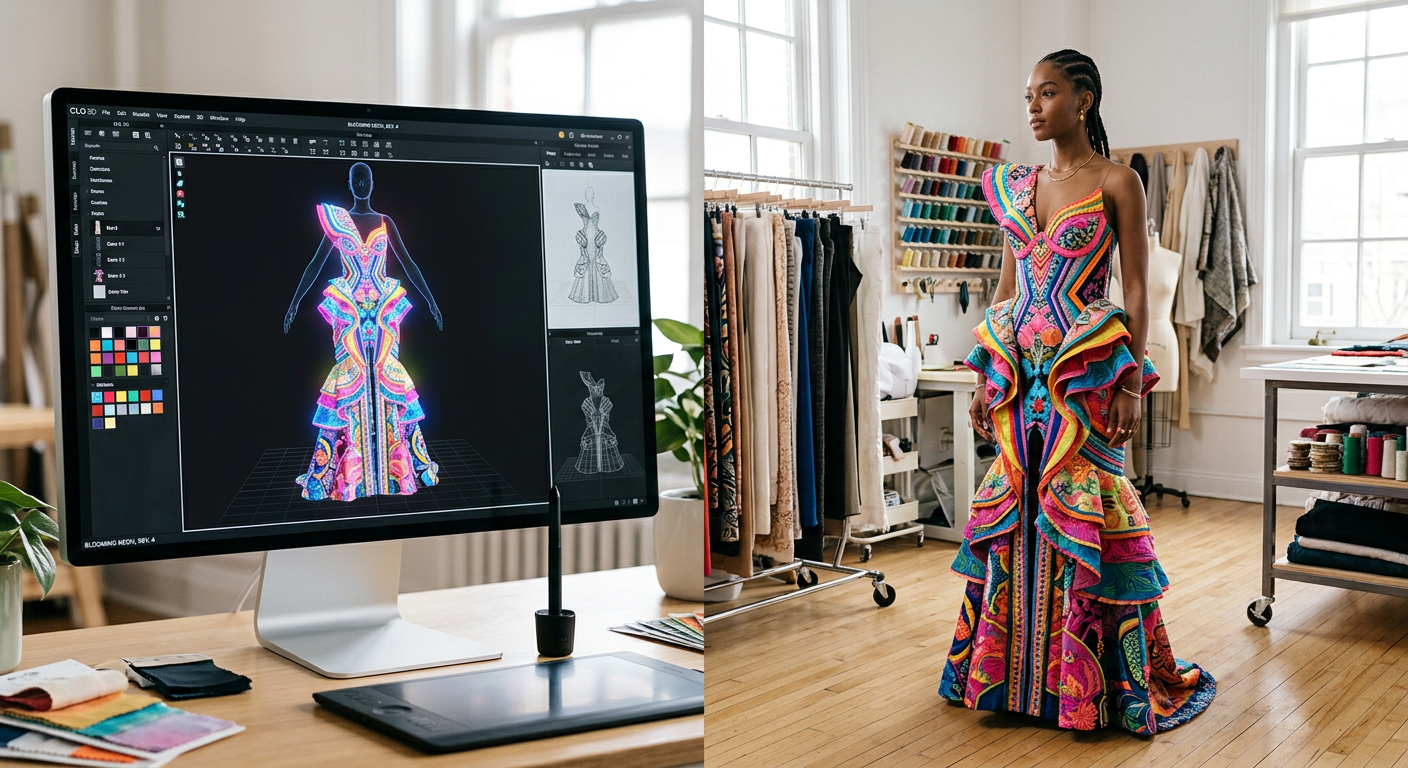 Split-screen showing digital fashion design alongside the final physical garment