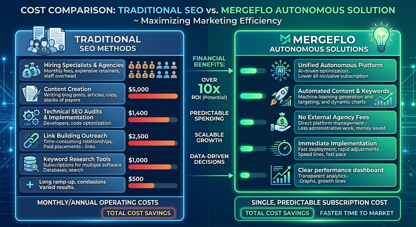A cost comparison chart showing the financial benefits of Mergeflo's autonomous SEO solution versus traditional SEO methods.