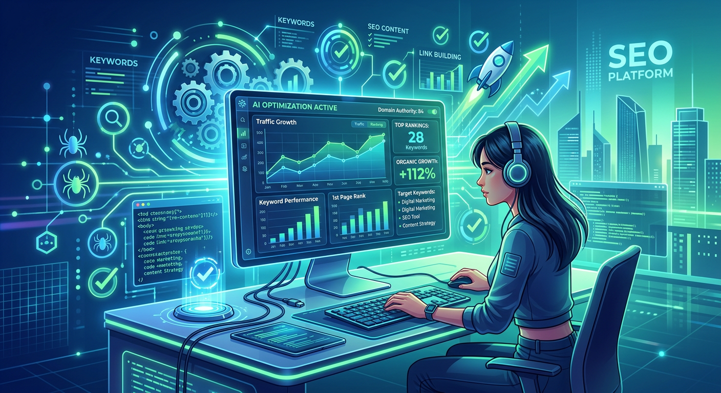 A modern digital workspace showcasing an autonomous SEO platform interface with SEO analytics and automation elements.