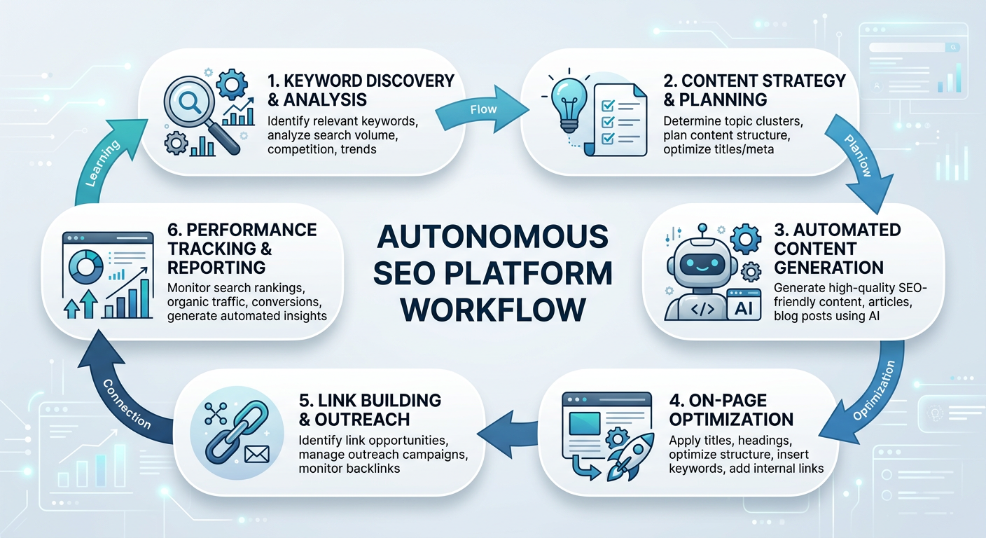 An infographic diagram illustrating the workflow of an autonomous SEO platform, showing key stages of the SEO process.