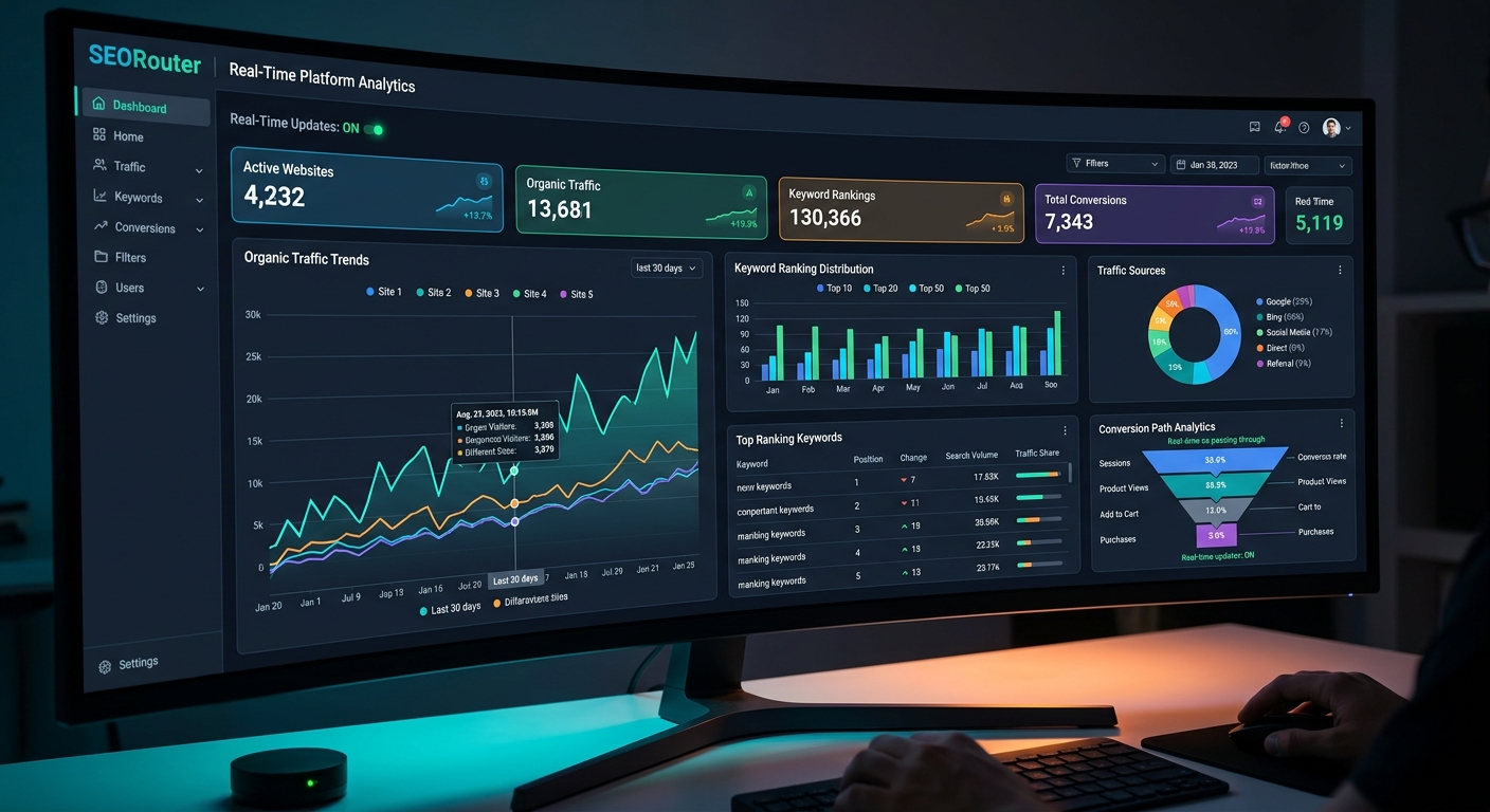 A modern analytics dashboard displaying real-time performance metrics for an SEO platform, including rankings and traffic data.