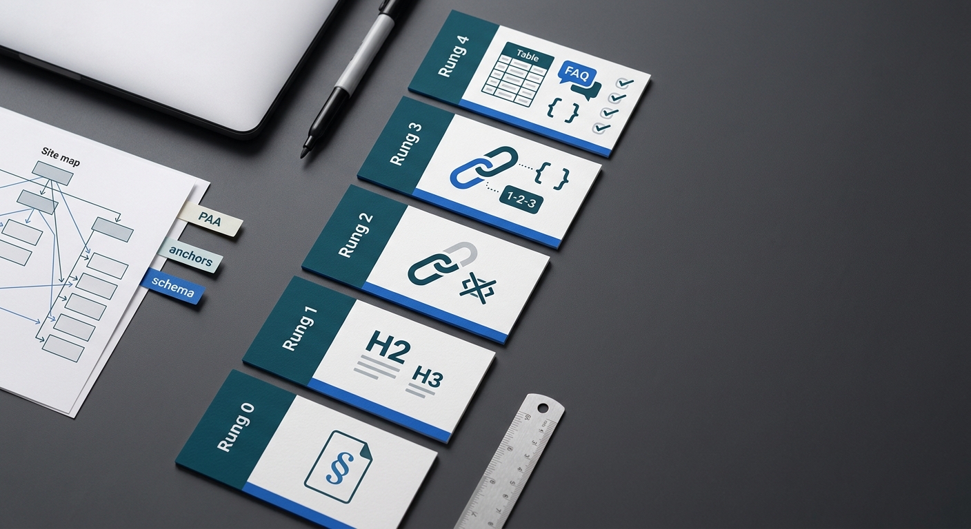 Overhead photo of a minimalist desk showing a five-step Publish‑Readiness Ladder from Rung 0 to Rung 4 with cards, internal linking notes, and schema/anchor cues in teal and cobalt brand accents.