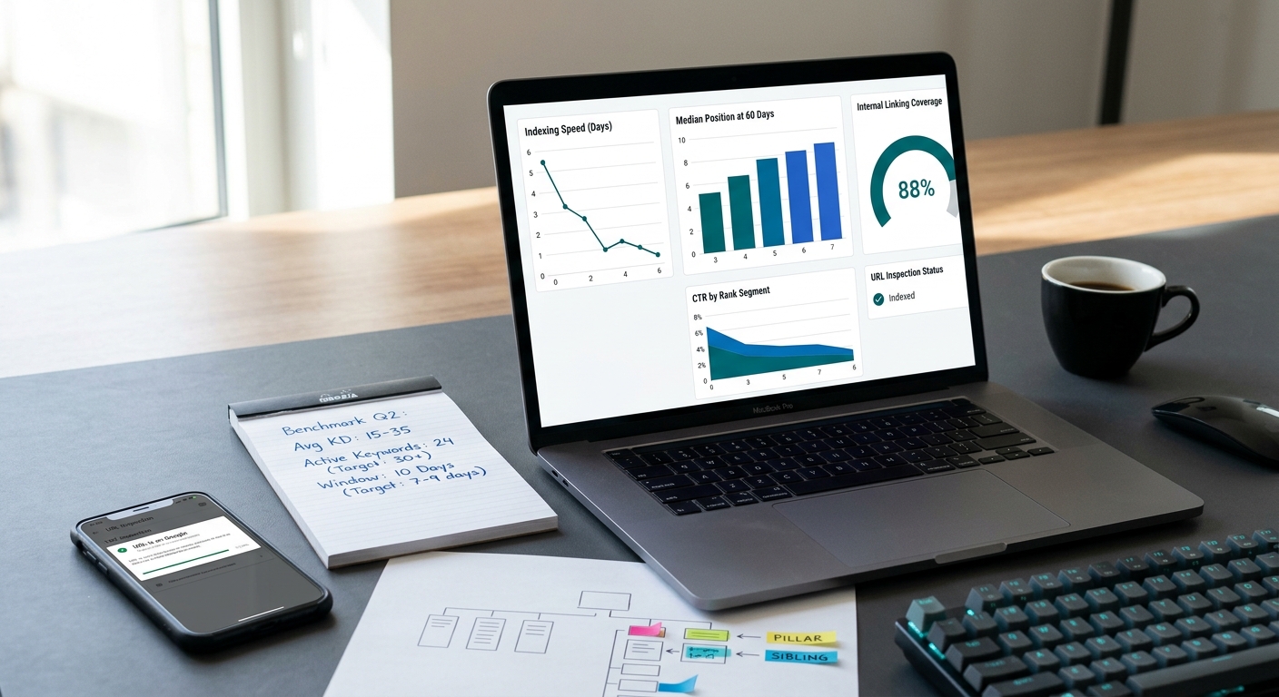 Photorealistic laptop scene showing a metrics dashboard with indexing speed, median rank, CTR, and internal linking panels, plus a phone with URL inspection and a notepad checklist in teal and cobalt accents.